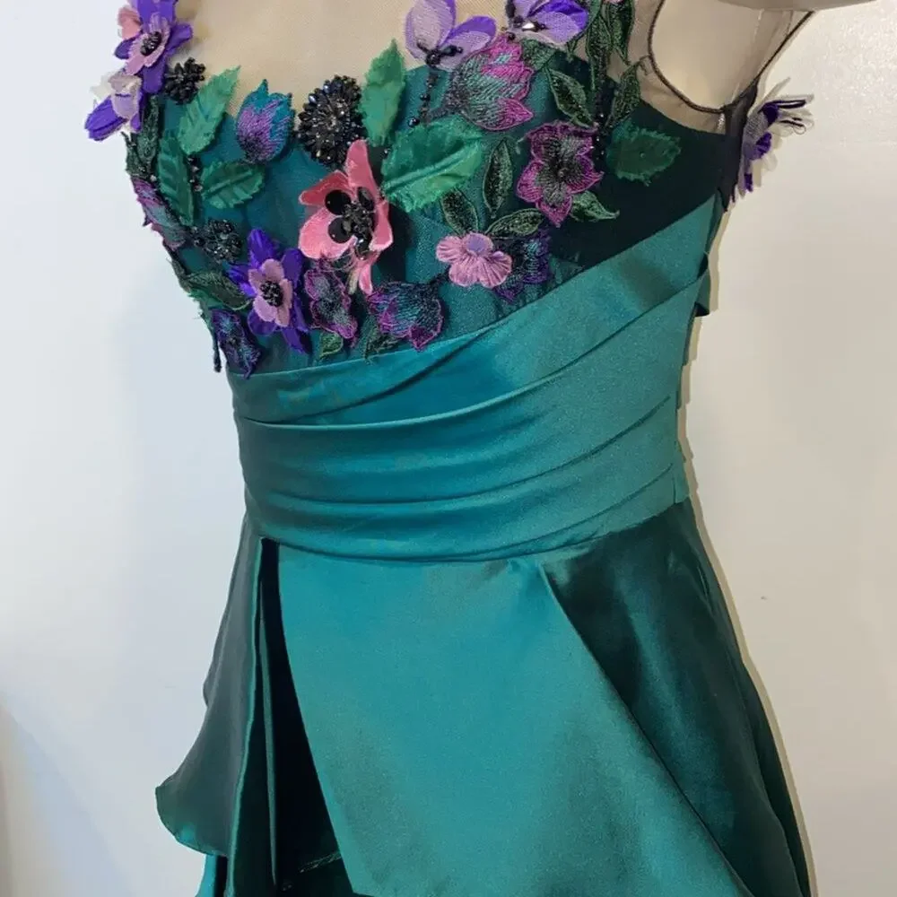Marchesa notte Silk Embroidered Floral High Low Gown in Green - Picture 5 of 12